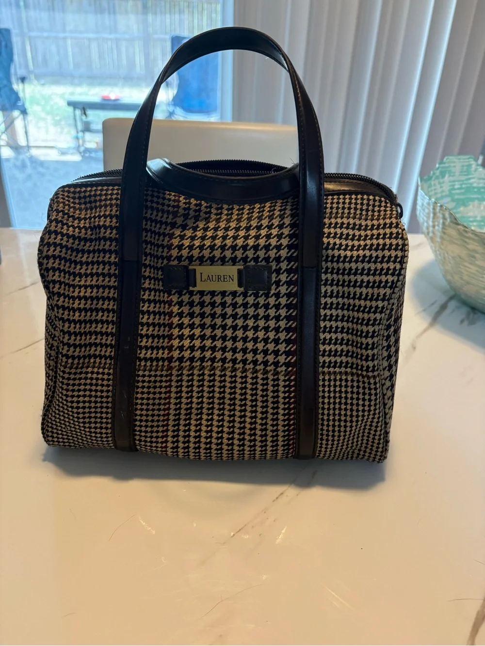 Ralph Lauren Black and Cream Houndstooth Satchel with Leather Trim